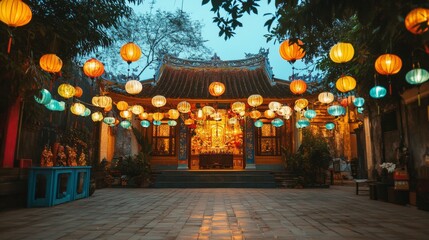 Obraz premium Vietnamese temple adorned with lanterns during a cultural festival