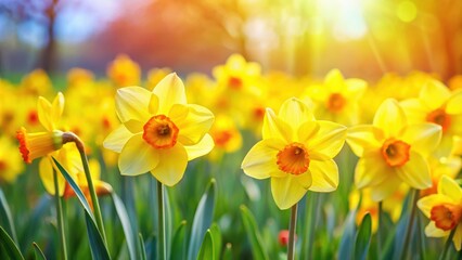 Obraz premium Vibrant yellow daffodils blooming beautifully in a colorful spring garden