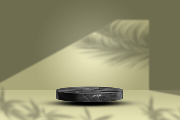 Composition with podium for design your cosmetic products with black marble stand with tropical...