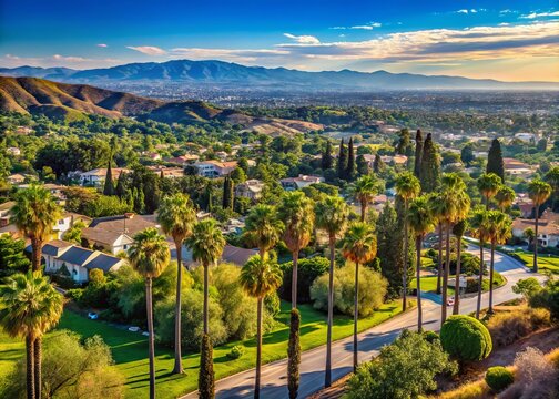 Panoramic view of Granada Hills, California, featuring rolling hills, lush greenery, and majestic palm trees framing