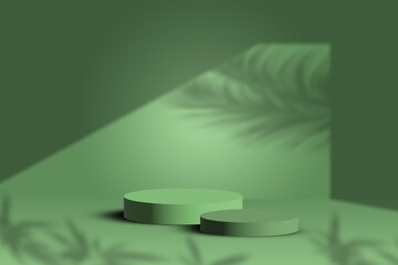 Product display podium with nature leaves on green background. 3D rendering