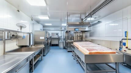 A modern meat processing facility with industrial equipment, no people, copy space