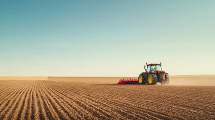 Obraz premium A modern tractor plowing a vast farmland, clear skies, and ample copy space