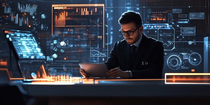  businessman working with computer at night in modern office. 