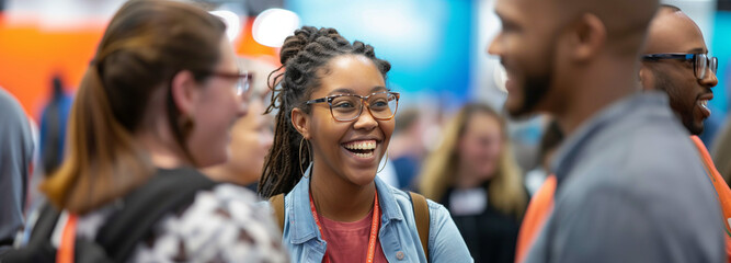 woman  entering at convention hall background	
