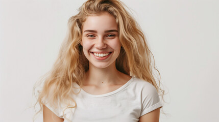 Smiling blonde teenager in a cute dress, looking at the camera with happiness