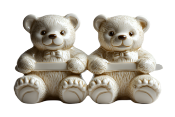 two white teddy bears holding a sign.