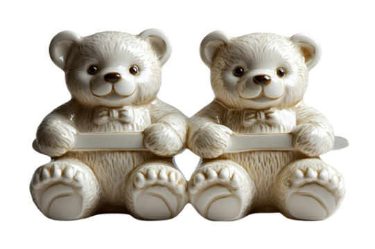 two white teddy bears holding a sign. 