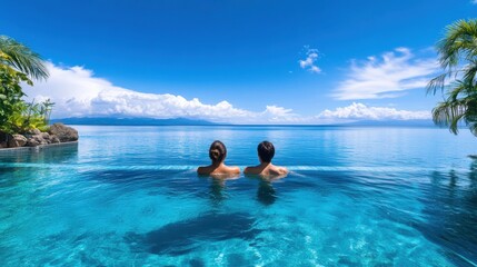 A couple relaxes in a luxurious infinity pool overlooking the ocean at a tropical resort, savoring an exotic escape.