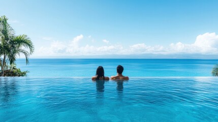 A couple relaxes in a luxurious infinity pool overlooking the ocean at a tropical resort, savoring an exotic escape.