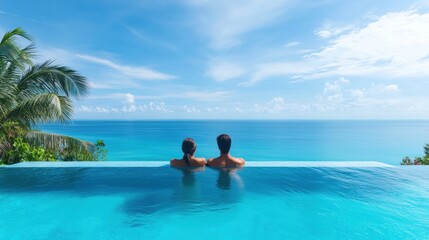 A couple relaxes in a luxurious infinity pool overlooking the ocean at a tropical resort, savoring an exotic escape.
