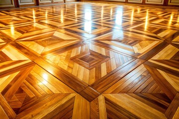 Polished parquet wood flooring with intricate geometric pattern and warm golden tones, set against a neutral background