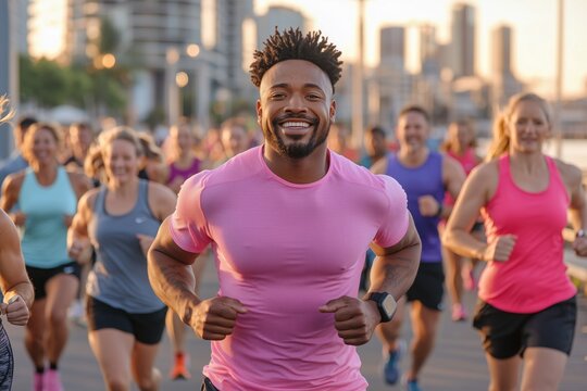 Enthusiastic diverse group of runners participating in an outdoor city marathon