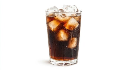 A glass of cola with ice cubes.