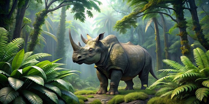 Prehistoric megacerops, a giant extinct mammal, stands in a lush ancient forest, its distinctive frill and horns