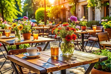 Relaxed, carefree atmosphere at a sunny outdoor cafe, with messy tables, scattered flowers, and a laid-back vibe,