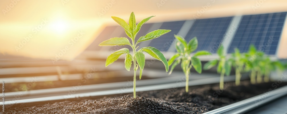 Poster Green Sprout Growing Under Solar Panel.