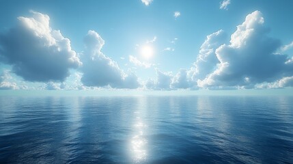 Fototapeta premium Sunlit Ocean Horizon with Fluffy Clouds Generative AI