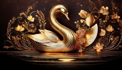 Elegant gold swan with floral accents