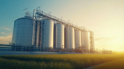Obraz premium Agricultural processing plant with large steel tanks, no people, and copy space