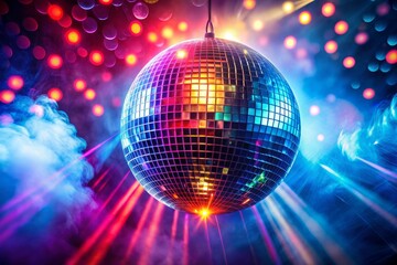 Obraz premium Retro disco ball spins amidst flashy lights, fog, and colorful patterns, evoking a vibrant, energetic atmosphere