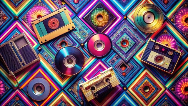 Retro colorful background with vintage cassette tapes, old CDs, and vinyl records scattered around, surrounded by