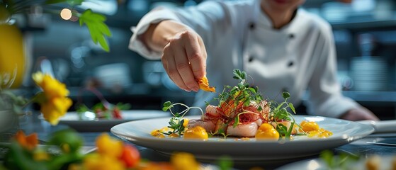 Modern food stylist decorating meal for presentation in restaurant 