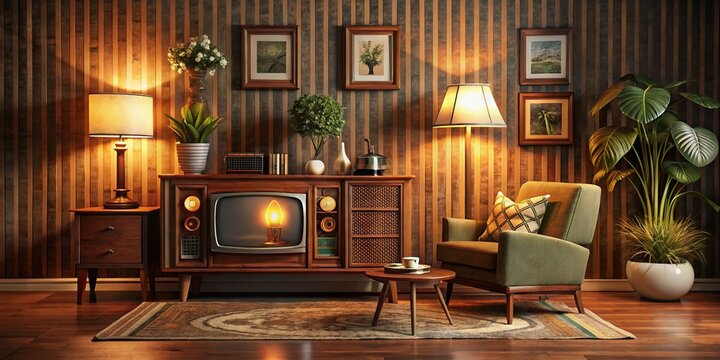 Retro living room setting with a vintage box-style television set, wooden cabinet, and analog dials, surrounded by