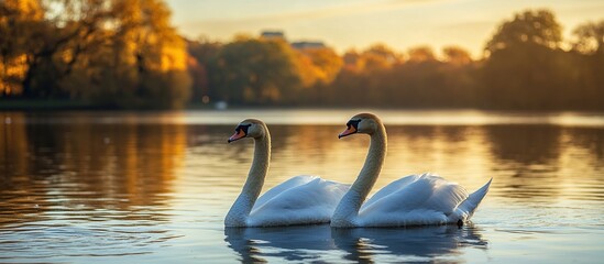 Fototapeta premium Two Swans on a Golden Lake at Sunset. Beautiful Swans On The Lake In Park. Generate Ai Image
