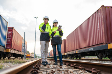 Team of engineer railway wearing safety uniform and helmet under checking train ,wheels and control system for safety transportation. Maintenance cycle concept.