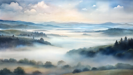 The morning forest in a thick fog