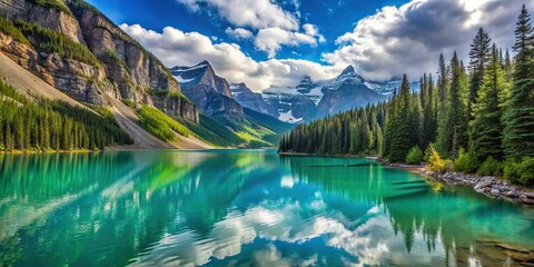 Turquoise waters of Lake Louise reflect the grandeur of surrounding Canadian Rockies, vibrant trees lining the lakeshore under a cerulean sky.