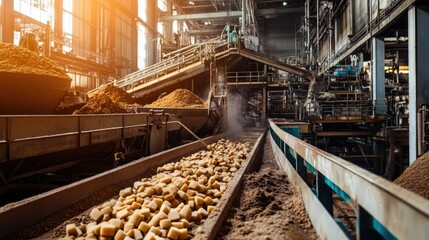 Industrial processing of sugar beets in a large plant, no people, copy space