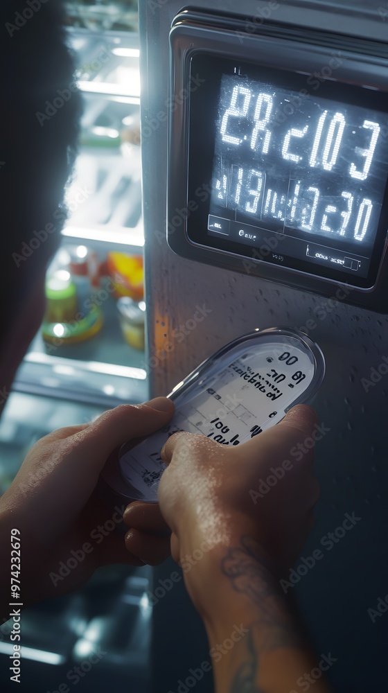Poster close up of a person using a digital device in front of a refrigerator