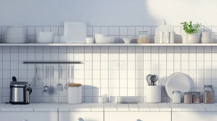 A minimalistic white kitchen with a white tiled backsplash, a stainless steel slow cooker, and a variety of kitchen utensils and storage containers on shelves.
