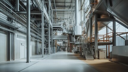 Obraz premium Inside a grain processing facility with massive machines, no people, copy space