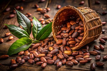 Obraz premium Rich, velvety cacao beans spill from a woven basket, amidst scattered leaves and twine, evoking a sense of