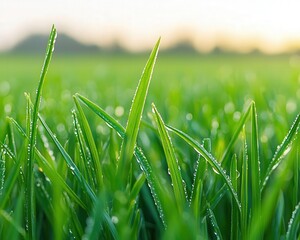 Close-up of fresh green grass blades glistening with dew in a serene morning light, symbolizing...