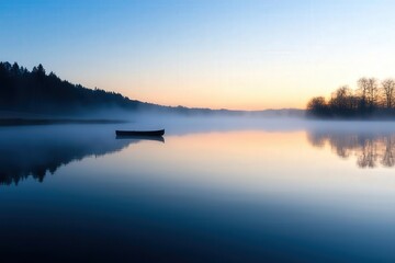 Serene lake at dawn with a lone boat, enveloped in mist and reflecting soft colors of the rising sun.