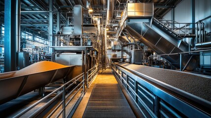 Inside an agricultural processing facility with large machines, no people, copy space