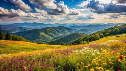Rolling hills of wildflowers sway gently in the breeze on a sunny day at Max Patch Mountain, a