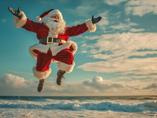 Santa Claus leaping in the air like a superhero on the beach, celebrating Christmas in a fun and unique way