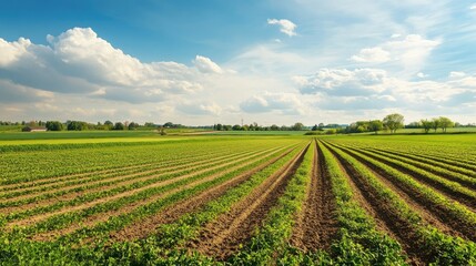 Large farm with irrigation systems running, no people, with ample space for text