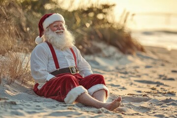 Obraz premium Santa Claus in red suspenders sitting on the sand, relaxing with bare feet at the seaside, holiday concept