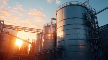 Obraz premium Large grain silos at an agricultural processing plant, no people, copy space