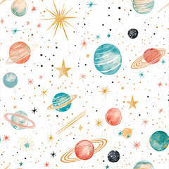 Cute seamless pattern with planets and stars for kids. Cosmic elements pattern