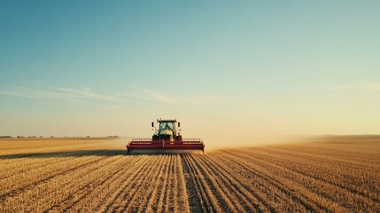 Modern agricultural machinery harvesting crops in a vast field with clear skies and copy space