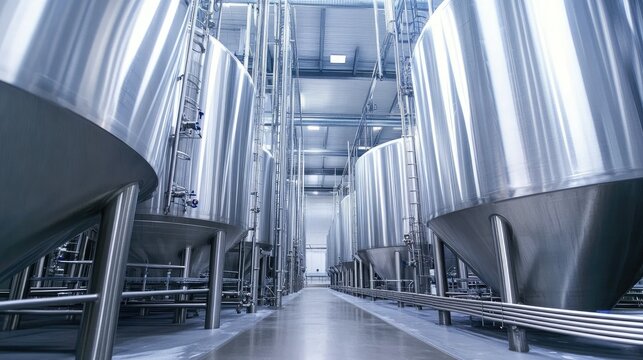 Large tanks at a modern dairy processing plant, no people, and space for text