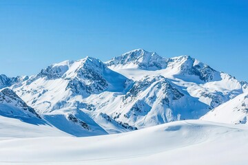 Majestic snowy mountains under a clear blue sky, showcasing the beauty of winter landscapes and the serenity of nature.