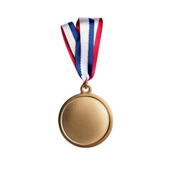 A shiny gold medal with a red, white, and blue ribbon, symbolizing achievement and excellence in sports and competitions.